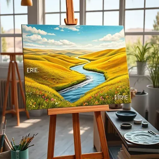 Completed painting of Erie, CO with rolling hills, wildflowers, and a flowing river in a welcoming art studio.