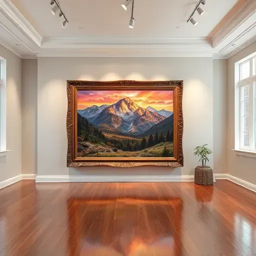 Painting of Rocky Mountains at sunset in elegant Parker CO gallery with ornate frame and polished wooden floors.