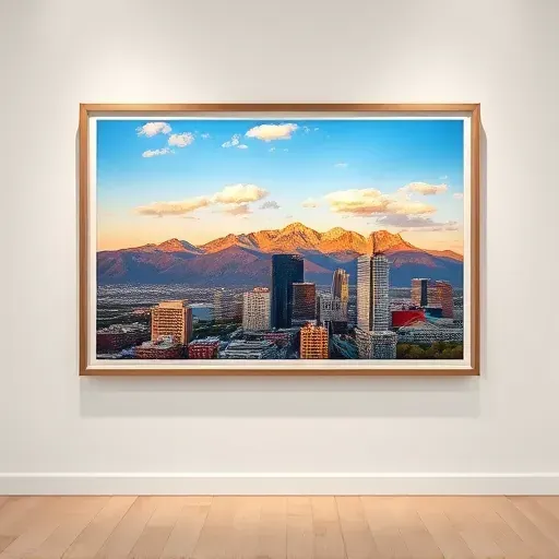 Painting of Denver cityscape at sunset with mountains, framed in a minimalist gallery with soft lighting.