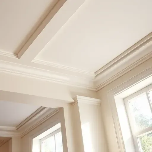 Close-up of freshly painted glossy crown molding in a modern interior with natural light reflecting off the smooth surface and subtle wall textures