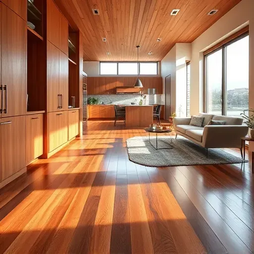 Modern Centennial CO home interior with stained hardwood floors, sleek wood cabinets, natural light, and minimalistic decor
