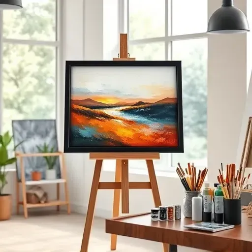 Vibrant abstract landscape painting in sleek black frame on polished wood easel in inviting art studio with natural light.