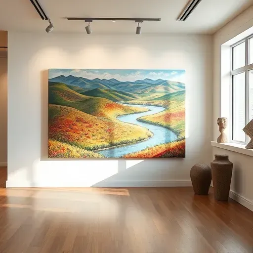 Vibrant landscape painting in a contemporary art gallery in Louisville CO, featuring elegant lighting and minimalist decor.