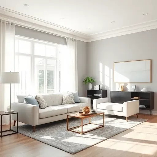 Modern living room in Centennial, CO with light gray walls, white moldings, natural sunlight, and elegant furniture.