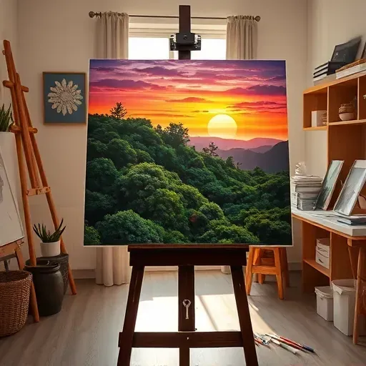 Painting of a serene landscape with lush greenery and a vibrant sunset on a dark easel in an organized art studio.