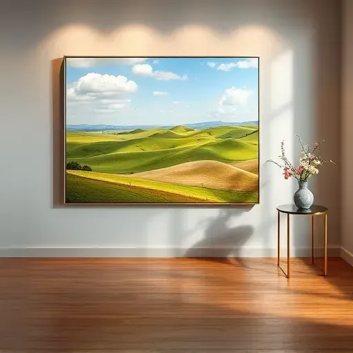 A completed vibrant landscape painting in Broomfield CO featuring rolling hills and a serene blue sky in a modern decor.