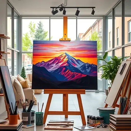 Vibrant mountain landscape painting at sunset in Glendale CO with a modern art studio and bustling street view.