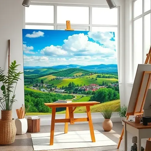 Completed painting in Thornton CO shows vibrant local landscape with rolling hills, bright sky, and studio decor.