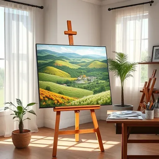 Colorful serene landscape painting in a bright studio with wooden easel and organized art supplies.