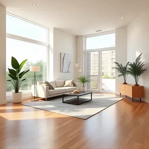 Bright modern apartment interior in Centennial Colorado with neutral walls, polished hardwood floors, sleek furniture, and natural light