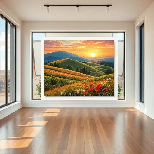Painting of Firestone CO landscape with vibrant colors, wildflowers, sunset, in a modern minimalist gallery.