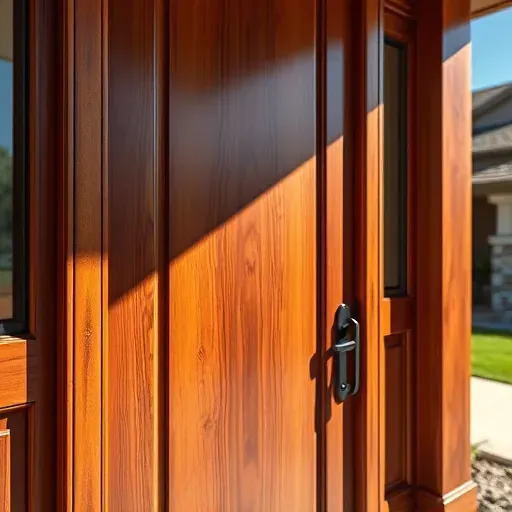 Finished stained wooden door with detailed grain, glossy surface, surrounded by trim in a modern Centennial home with greenery