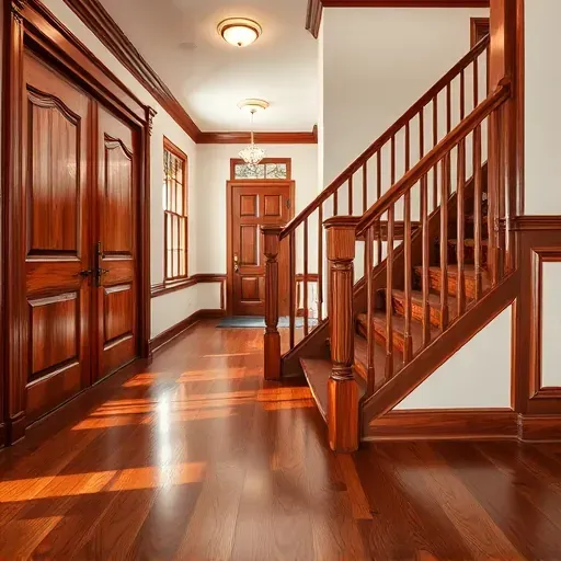 Freshly stained interior with glossy wood floors doors and staircase railings in a modern bright room in Centennial Colorado