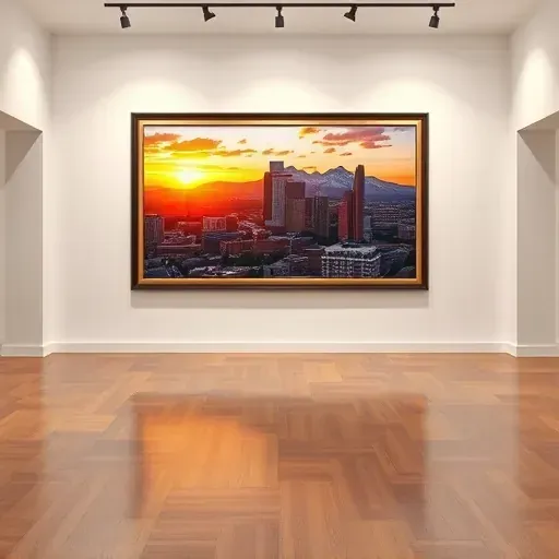 Completed painting of Denver's skyline at sunset in a modern gallery with minimalist decor and soft lighting.
