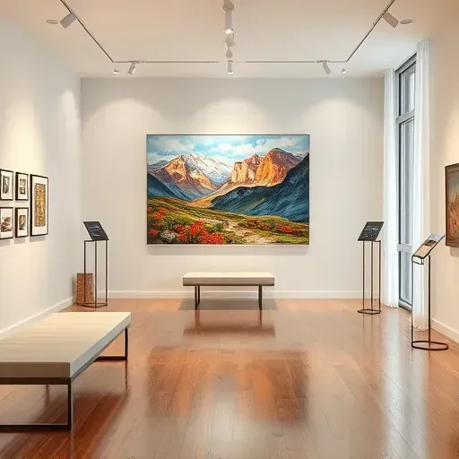 Vibrant abstract landscape painting in a contemporary Brighton CO gallery with neutral walls and natural light.
