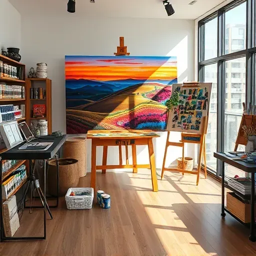 A radiant art studio in Englewood CO features a beautiful painting of a serene landscape at sunset with vibrant colors.