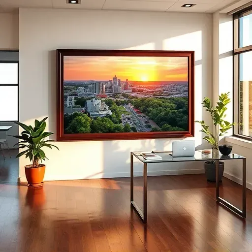 Serene urban sunset painting in a stylish office with polished hardwood floors and soft ambient lighting.