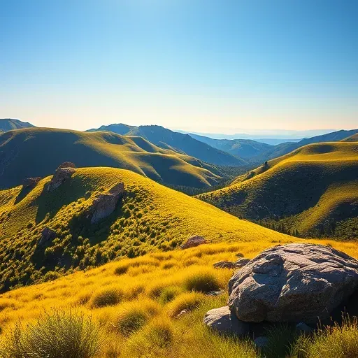 Painting of a serene landscape in The Pinery, CO, featuring rolling hills and lush greenery under golden sunlight.