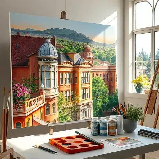 Completed painting of Englewood CO cityscape with vibrant architecture, greenery, and a serene studio setting.