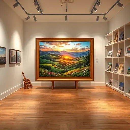 Vibrant landscape painting displayed in a well-lit Lone Tree gallery with elegant frame and polished wooden floor.