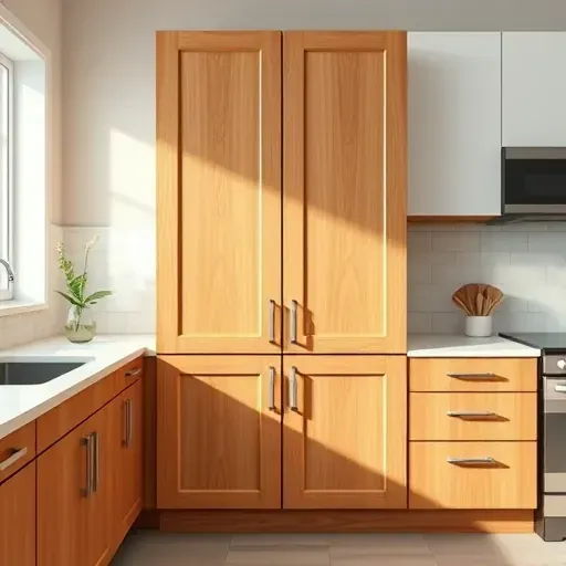 Newly painted wooden cabinet with smooth finish and natural wood grain in a modern kitchen with soft natural light