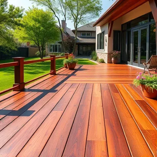Finished stained wooden deck in Colorado with vibrant hues, lush backyard, modern home, and natural lighting