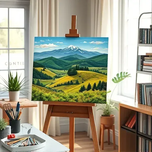 Completed painting of Broomfield, CO landscape on an easel with organized art supplies and warm natural lighting.
