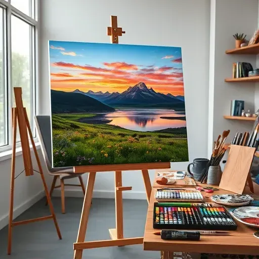 Painting of sunset over Rocky Mountains in Frederick CO with vibrant colors and an organized art studio backdrop.