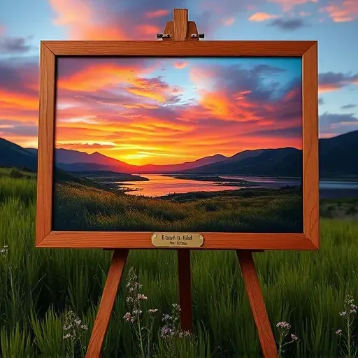Completed painting in Louisville CO, showcasing a sunset over the Rocky Mountains with vibrant colors on a wooden easel.