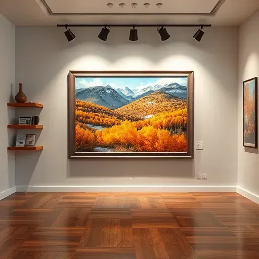 Completed painting in Foxfield, CO, featuring vibrant fall to winter landscape with Rockies and serene gallery setting.
