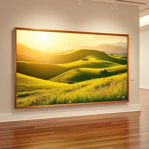A vibrant landscape painting in Firestone, CO, features rolling hills, sunlight, wildflowers, and a stylish gallery setting.