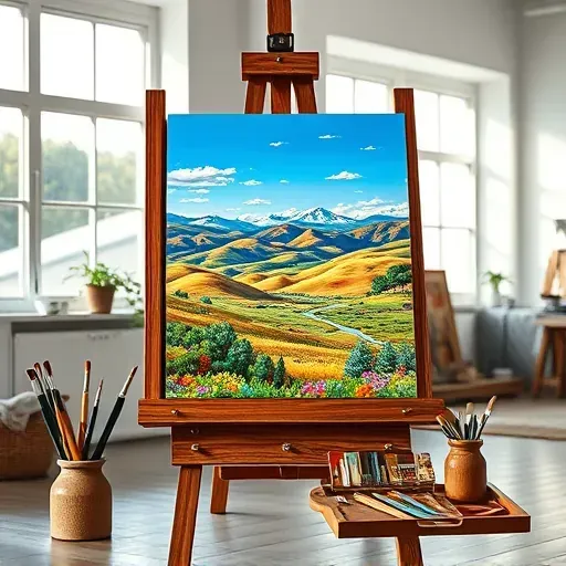 Completed painting on easel showcasing vibrant Colorado landscape with painting tools in a well-lit studio in Northglenn CO