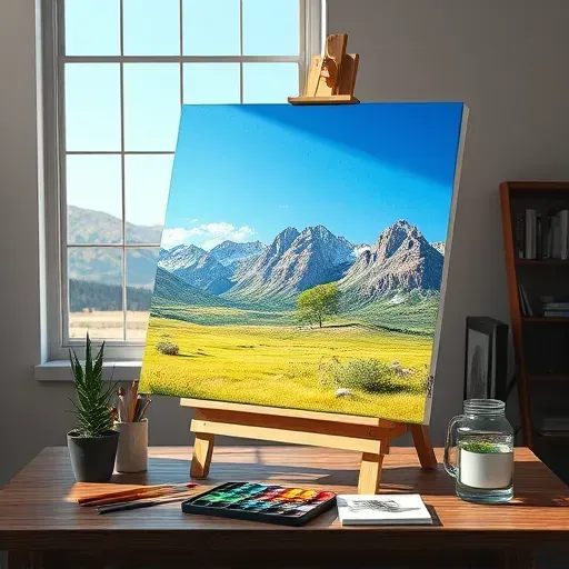 Completed painting of Rocky Mountains displayed on easel in bright workspace with art supplies and natural light.