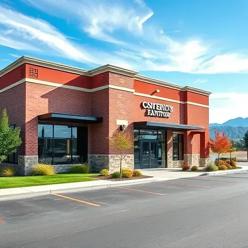 Freshly painted modern commercial building in Centennial Colorado with vibrant colors, reflective windows, landscaped surroundings, and scenic foothills
