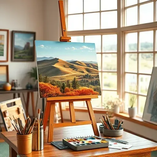 Painting on easel in bright art studio highlights Castle Rock landscape with hills and trees under clear blue sky.