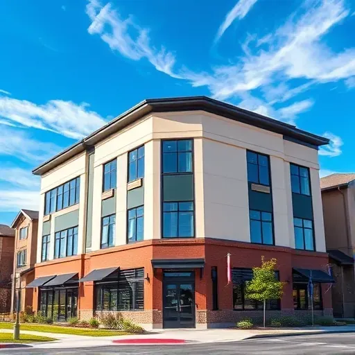 Freshly painted modern multi-tenant building in Centennial Colorado with vibrant, detailed exterior, large windows, and professional signage