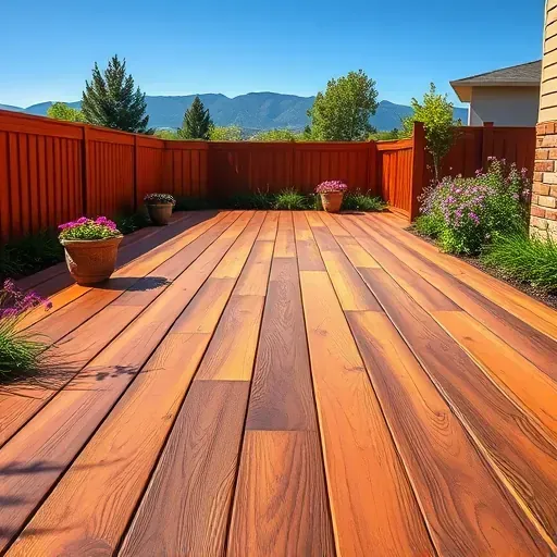 Freshly stained wooden backyard deck with lush grass, vibrant flowers, Colorado mountains, and clear blue sky
