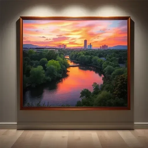Completed painting of a vibrant Glendale CO landscape at sunset, showcasing Cherry Creek and a modern skyline.