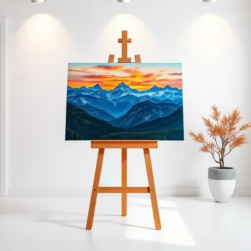 Completed painting of the Rocky Mountains at sunset on an elegant easel in a minimalist art gallery with plants.