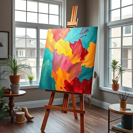 Completed vibrant painting on an easel in a Louisville studio with natural light and minimalistic decor.