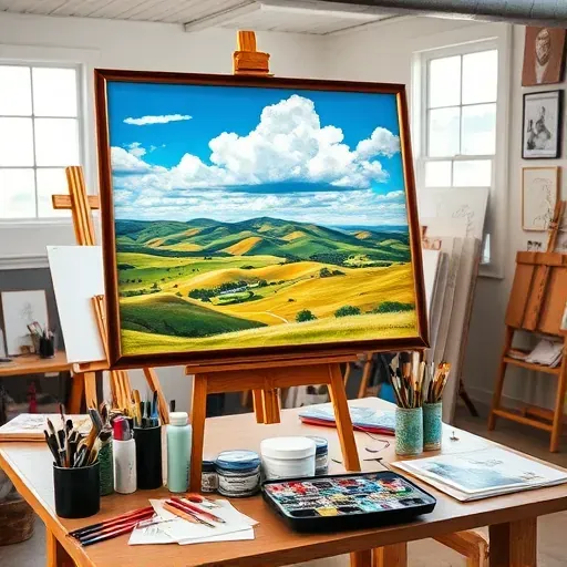Vibrant landscape painting in Frederick CO, displayed on an easel in a serene art studio with natural light.