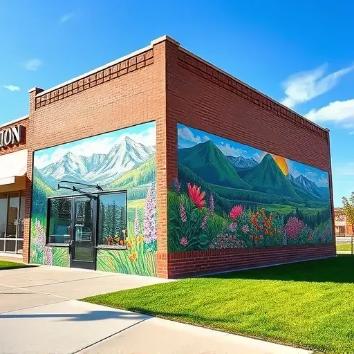 Vibrant Colorado-inspired mural on brick building in Centennial featuring mountains greenery wildflowers under clear blue sky