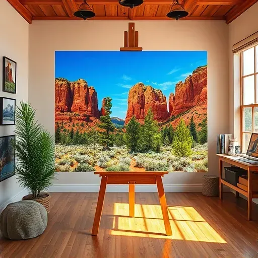A completed painting in an art studio in Castle Rock, CO, showcasing vibrant red rocks, pine trees, and sagebrush.