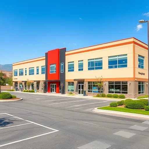 Freshly painted modern multi-tenant building in Centennial Colorado with vibrant exterior paint, landscaped surroundings, and mountain backdrop