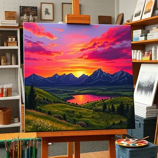 Completed painting of a sunset over the Flatirons in Lafayette CO with wildflowers and a serene lake reflecting colors.