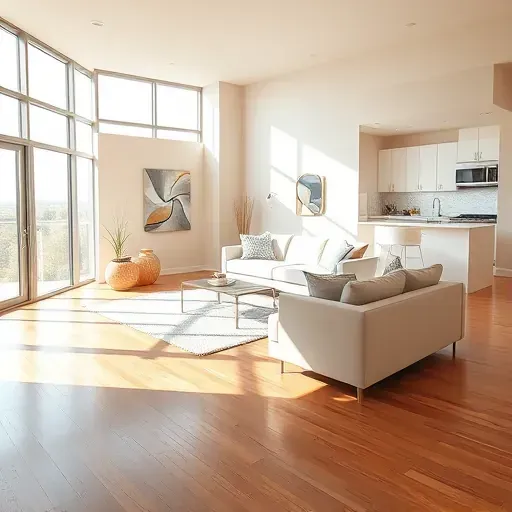 Freshly painted modern condo interior in Centennial Colorado with large windows, warm neutral walls, hardwood floors, and contemporary furnishings