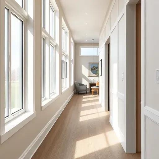 Freshly finished white wooden trim and baseboards in a modern hallway with natural daylight and minimalist decor