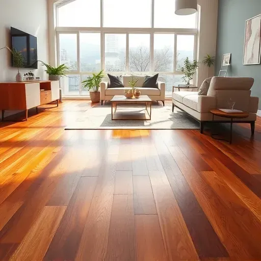Interior of a modern living space with polished stained wooden floors, neutral furniture, natural sunlight, and stylish décor