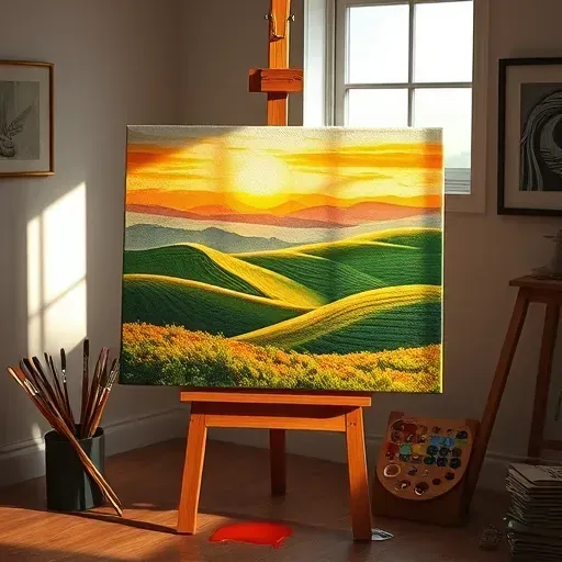 Completed painting on easel in Thornton CO depicts sunset landscape with vibrant colors and organized art supplies.