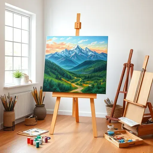Completed painting in Thornton CO with vibrant landscape, art supplies, and a minimalistic studio setup.